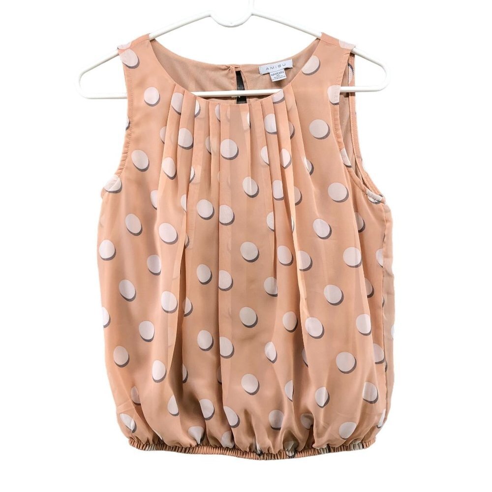 Amisu Chiffon Sleeveless Blouse‎ Peach Polka Dot Pleated Cinched Hem Sz XS Tank